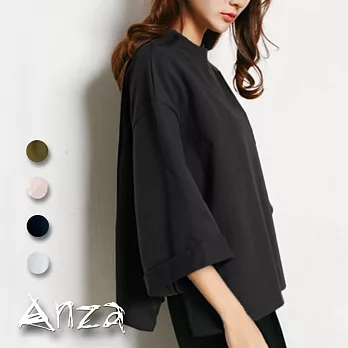【AnZa】圓領後長五分寬袖上衣(4色)FREE黑色
