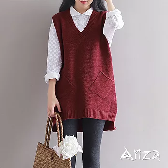【AnZa】韓版中長款V領口袋針織背心(3色)FREE酒紅