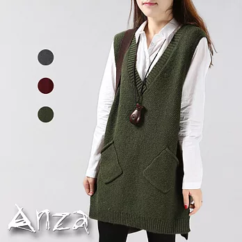 【AnZa】韓版中長款V領口袋針織背心(3色)FREE軍綠