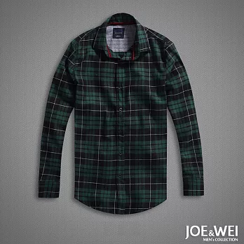 【JOE & WEI】Slim Fit 黑釦復古格紋襯衫-M　M綠色