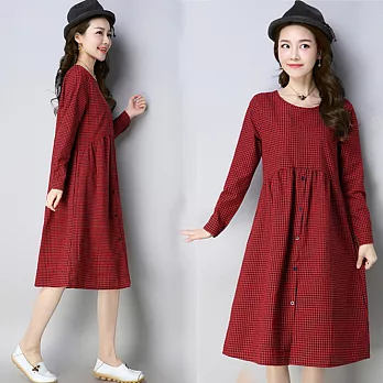 【NUMI】森-文藝格子排扣連衣裙-共2色-51582(M-2XL可選)M紅色