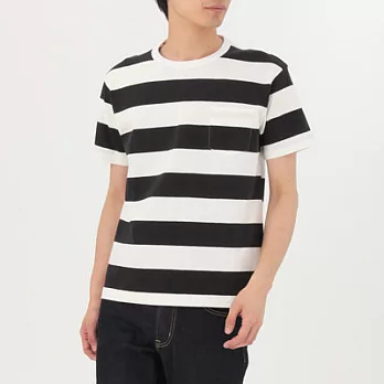 [MUJI無印良品]男有機棉粗織橫紋附口袋短袖T恤XS黑橫紋