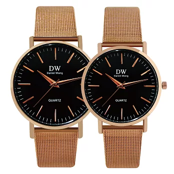 Daniel Wang DW-3192 時尚簡約氣質玫色指針優雅米蘭針織鐵帶錶 - 玫帶黑面 大型