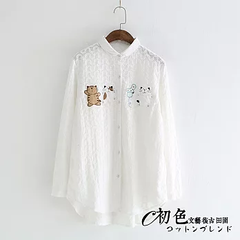 【初色】胸前貓咪刺繡翻領襯衫-白色-91290(F可選)F白色