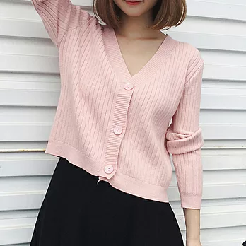 【MsMore】韓版休閒風寬鬆V領單排扣針織薄外套101869F粉紅