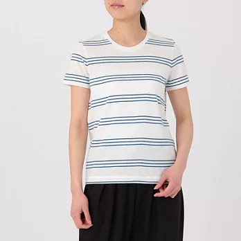 [MUJI無印良品]女有機棉圓領橫紋短袖T恤L煙燻藍紋樣