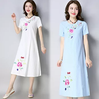 【NUMI】森-復古刺繡側邊開叉連衣裙-共2色-51778(M-XL可選)M白色