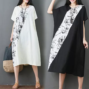 【NUMI】森-時尚印花拼接連衣裙-共2色-51824-(M-2XL可選)M黑色