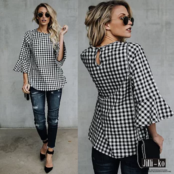 【Jilli~ko】喇叭袖格子寬版上衣-F 1193　FREE黑格