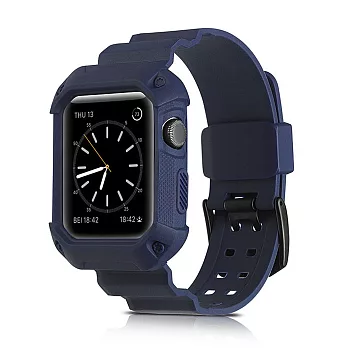 一體成形 Apple Watch防摔錶殼 運動矽膠手錶帶(42mm)/深藍色
