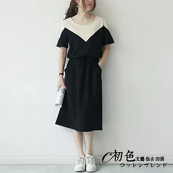 【初色】清新甜美拼色抽繩連衣裙-共2色-91620(F可選)F黑色