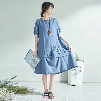 【慢。生活】深淺刺繡層次連身裙-F 2210　FREE藍色