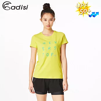 ADISI 女智能纖維急速乾抗UV圖騰短袖上衣AL1811047 / 城市綠洲專賣(抗紫外線、吸濕排汗、透氣快乾、輕量)S黃綠