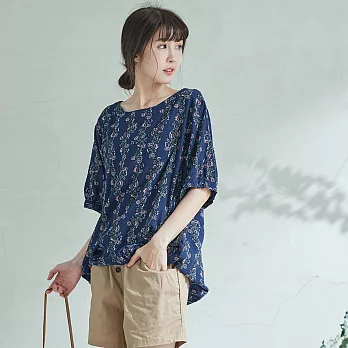 【慢。生活】攀藤小花寬鬆上衣-F 9838-1 FREE深藍