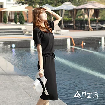 【AnZa】圓領棉料拉繩連身裙 (4色)FREE黑色