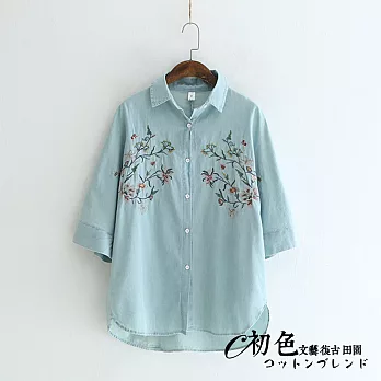 【初色】文藝復古繡花牛仔襯衫-藍色-91919-(F可選)F藍色