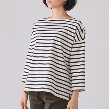 [MUJI無印良品]女有機棉粗織船領寬肩T恤M~L原色橫紋
