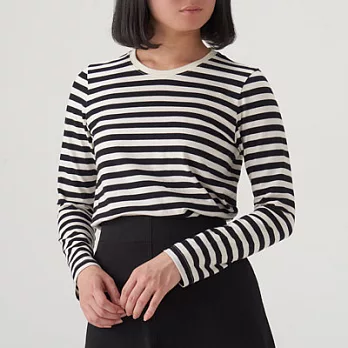 [MUJI無印良品]女有機棉圓領橫紋長袖T恤XL黑直紋