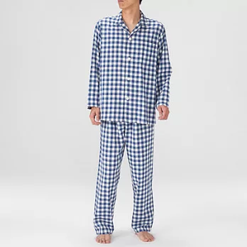 [MUJI無印良品]男有機棉無側縫二重紗織家居睡衣M藍格紋