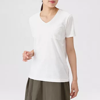 [MUJI無印良品]女有機棉節紗V領短袖T恤XL白色