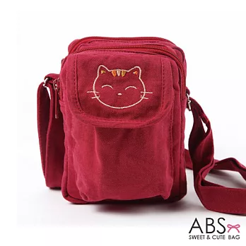 ABS貝斯貓 微笑貓咪可愛拼布 魔鬼氈翻蓋小側背包 (梅紅) 88-177
