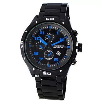 【CURREN】時尚潮流款-8021豪邁霸氣仿三眼計時造型腕錶(黑藍)