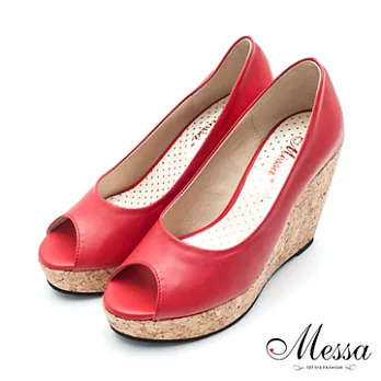 【Messa米莎】(MIT)百搭氣質純色內真皮魚口楔形鞋-三色35紅色