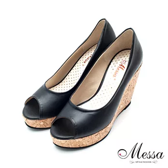 【Messa米莎】(MIT)百搭氣質純色內真皮魚口楔形鞋-三色35黑色