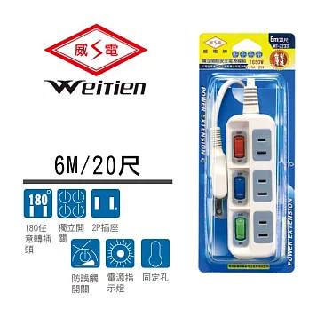 威電牌 2孔3開3插電腦延長線 15A 20尺 WT-2233-20