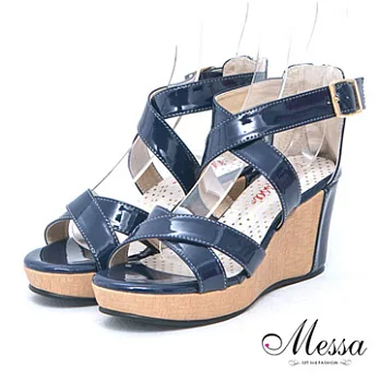 【Messa米莎】(MIT)日韓系交叉編織露趾內真皮楔型涼鞋35藍色