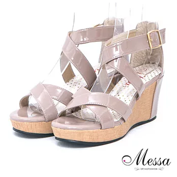 【Messa米莎】(MIT)日韓系交叉編織露趾內真皮楔型涼鞋35可可色