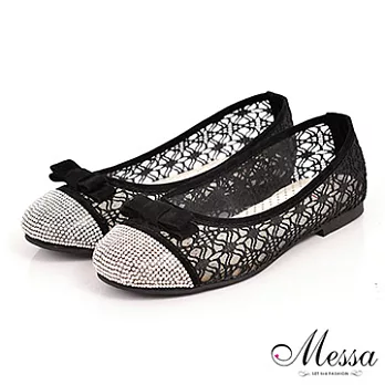 【Messa米莎】(MIT) 古典仕女蕾絲縷空晶鑽平底包鞋-兩色40黑色