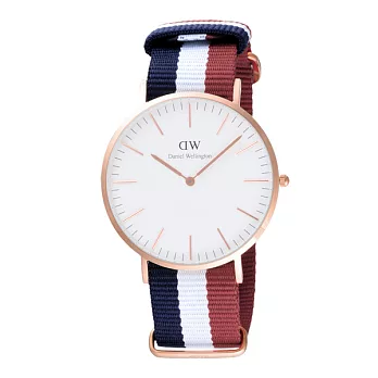 Daniel Wellington Cambridge時尚男錶-玫瑰金框/藍白紅寬帶0103DW