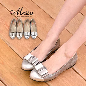 【Messa米莎】(MIT)冷調金屬色蝴蝶結內真皮平底包鞋 -兩色40銀色
