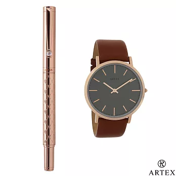 ARTEX 鍾愛鋼珠筆+手錶 雙組合/褐波紋/玫瑰金