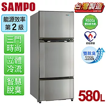 【聲寶SAMPO】時尚風華580L三門冰箱。不鏽鋼／SR-M58GV