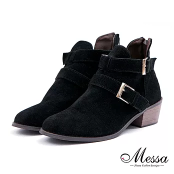 【Messa米莎專櫃女鞋】個性時尚仿麂皮雙扣後拉鍊低跟短靴39黑色