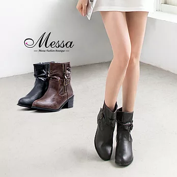 【Messa米莎專櫃女鞋】騎士風側拉鍊復古扣環高跟短靴36黑色
