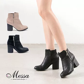 【Messa米莎專櫃女鞋】都會時尚拼接側拉鍊高跟短靴36黑色