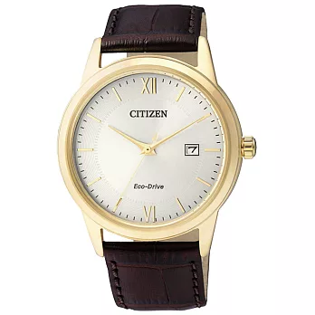 CITIZEN Eco-Drive 羅馬日月簡約日期男錶-金框白