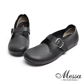 【Messa米莎專櫃女鞋】MIT舒適柔軟魔鬼氈釦帶內真皮圓頭包鞋39黑色