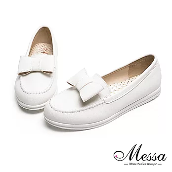 【Messa米莎專櫃女鞋】MIT絨皮蝴蝶結內真皮尖頭休閒鞋38白色