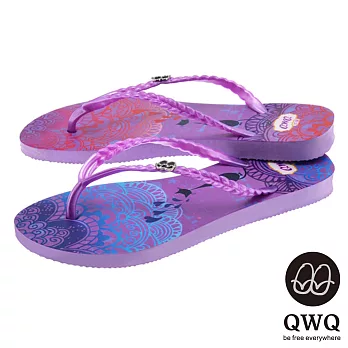 QWQ夾拖的創意(女) - 猫咪塗鴨 心心相印 夾腳拖鞋 - 藍配紫35紫