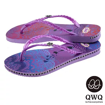 QWQ夾拖的創意(女) - 猫咪塗鴨 心心相印 側鑽鍊夾腳拖鞋 - 藍配紫35紫
