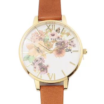 Olivia Burton 英倫復古手錶 迷幻花園花季 棕色真皮錶帶 金色錶框 38mm