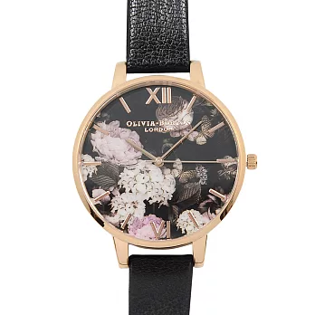 Olivia Burton 英倫復古手錶 冬季繡球花園 黑色真皮錶帶 玫瑰金錶框 38mm