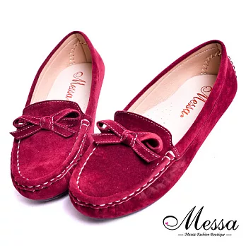【Messa米莎專櫃女鞋】MIT俏麗好走蝴蝶結縫線造型蜜桃絨豆豆鞋38酒紅色