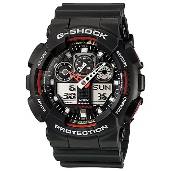 【CASIO】卡西歐 G-SHOCK系列 個性機械感三眼雙顯電子錶 (黑/紅 GA100-1A4)