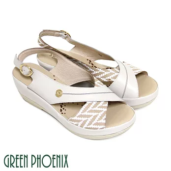 ◤Green Phoenix◥交叉對稱雙色格紋金屬扣全真皮楔型涼鞋22卡其色