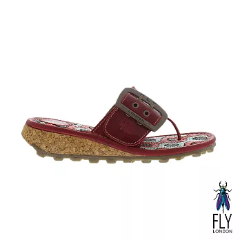 Fly London(女) Kiss 大扣環草編底真皮低坡跟夾腳拖鞋 - EU36熱戀紅